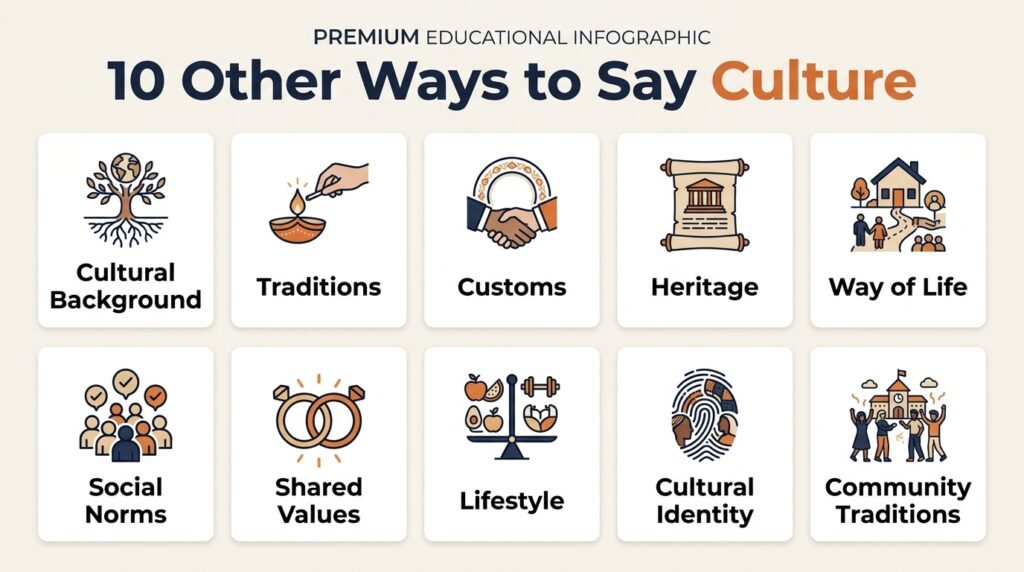 10 alternatives to say culture including traditions, heritage, lifestyle, and social norms