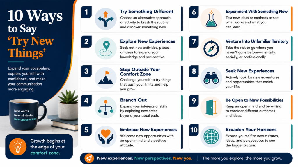 10 ways to say try new things including branch out and explore new experiences