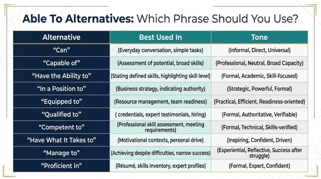 Comparison of alternatives to able to by tone and usage
