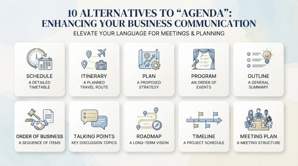 Ten professional alternatives to say agenda including schedule plan and roadmap