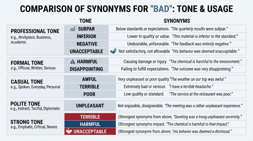 Comparison of bad synonyms by tone and usage