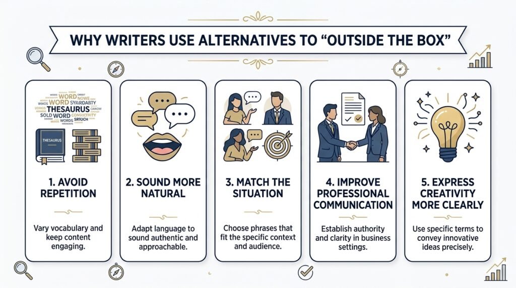 10 alternatives to say outside the box including think creatively and think differently