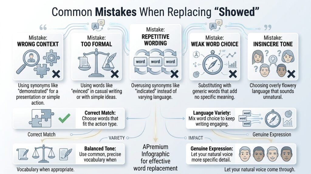 Common mistakes when choosing alternatives to the word showed