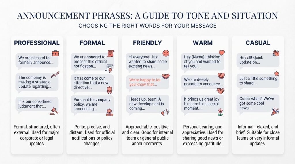 Comparison of professional casual and friendly announcement phrases