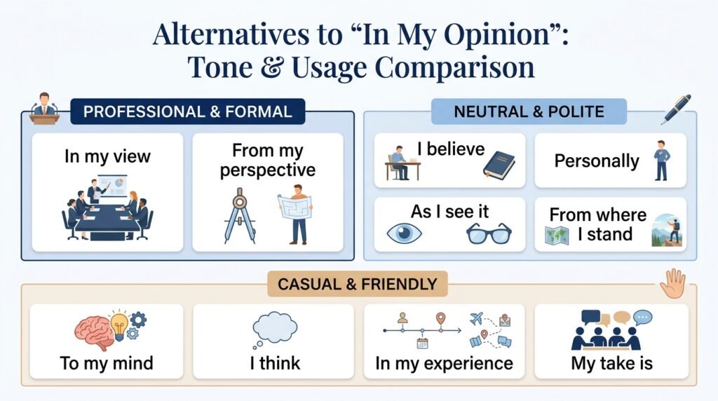 Comparison of in my opinion alternatives by tone and usage