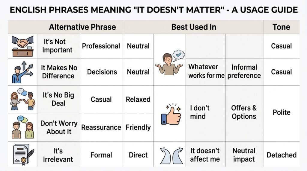 Comparison of alternatives to it doesn't matter by tone and usage