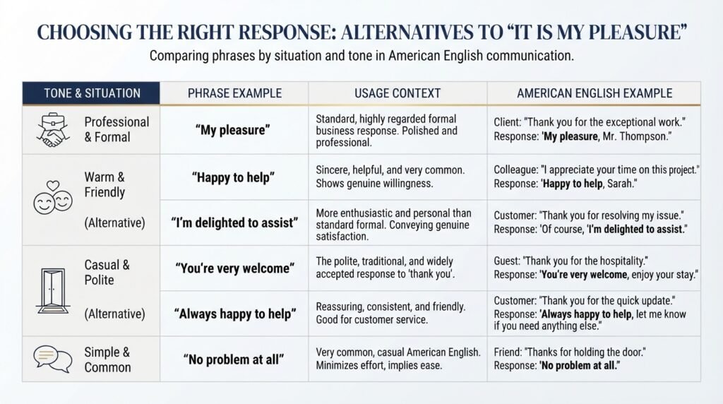 Comparison of alternatives to it is my pleasure by tone
