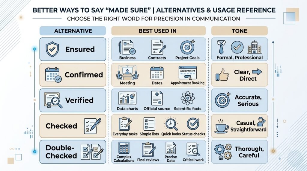 Comparison of alternatives to made sure by tone and usage