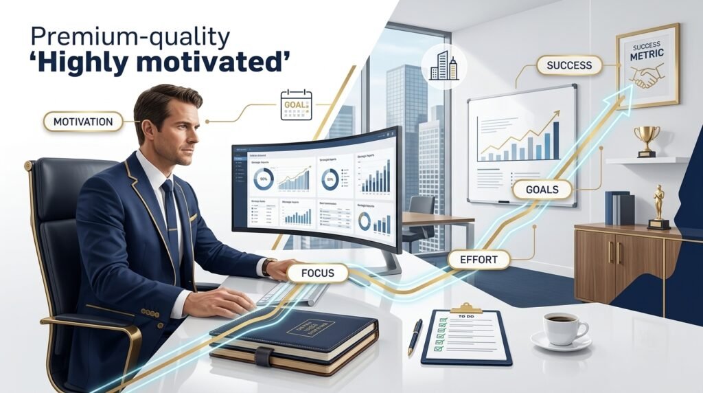Meaning of highly motivated showing determination, focus, and goal achievement