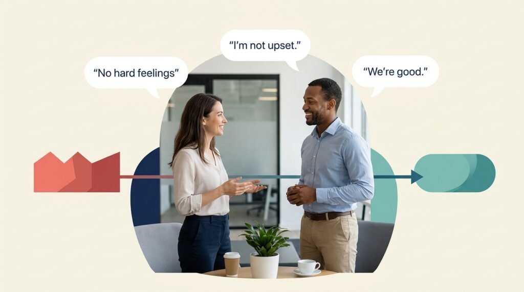 Two people discussing the meaning of no hard feelings after a disagreement