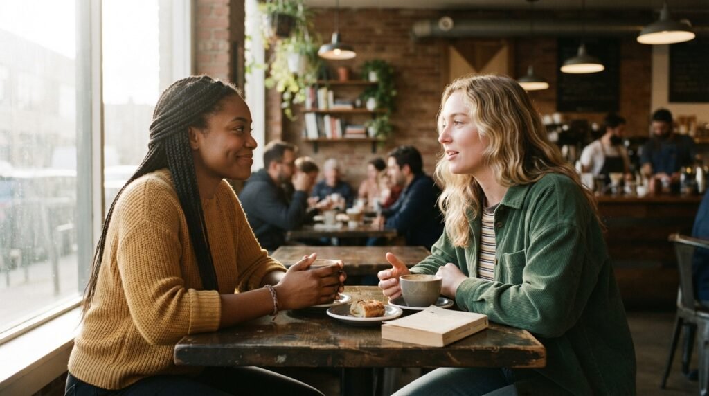 Two friends having a meaningful conversation and appreciating their friendship