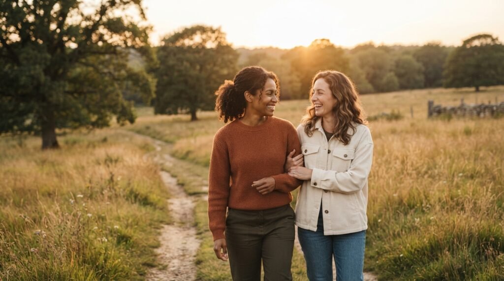 Two close friends enjoying a meaningful moment together outdoors