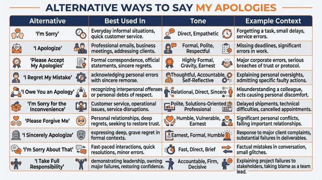 Comparison of alternatives to my apologies by tone and usage