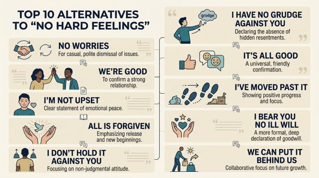 Comparison of casual friendly and formal alternatives to no hard feelings