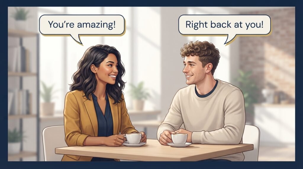 Two people using the phrase right back at you in a friendly conversation