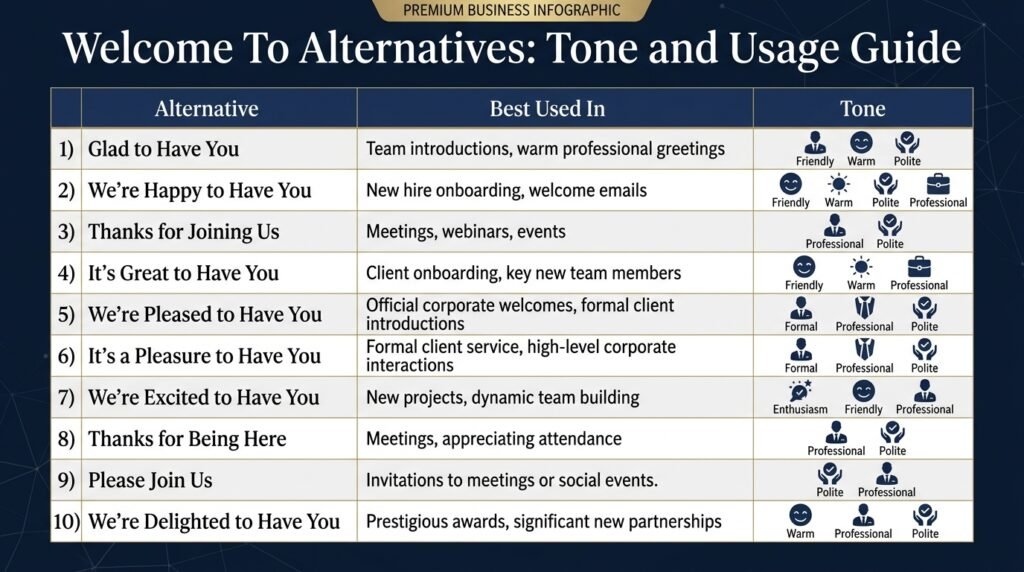 Comparison of welcome to alternatives by usage and tone