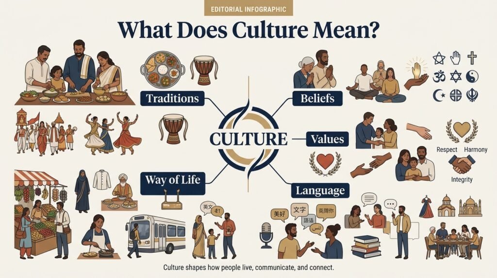 Infographic explaining culture through traditions, beliefs, values, language, and way of life