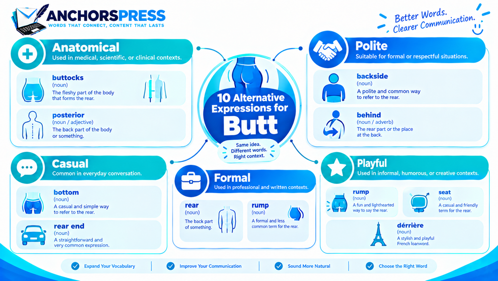 10 alternatives to butt including buttocks, backside, behind, and bottom