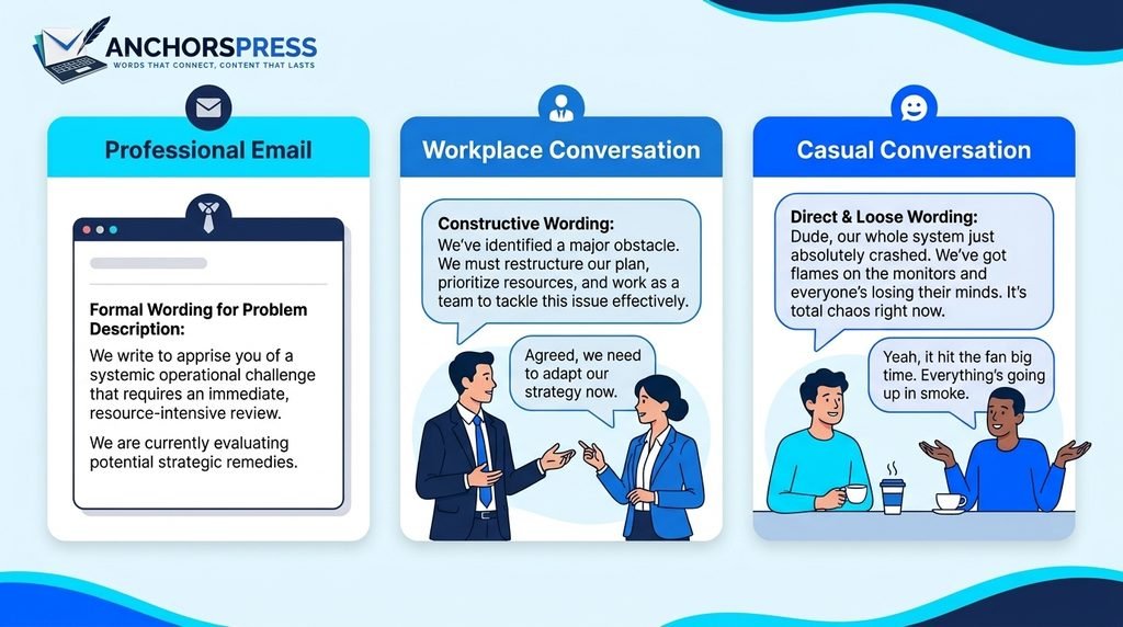 Different ways to say hit the fan for professional and casual communication