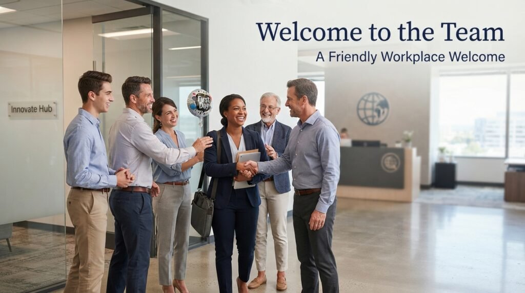 A new employee welcomed by coworkers as another way to say welcome aboard
